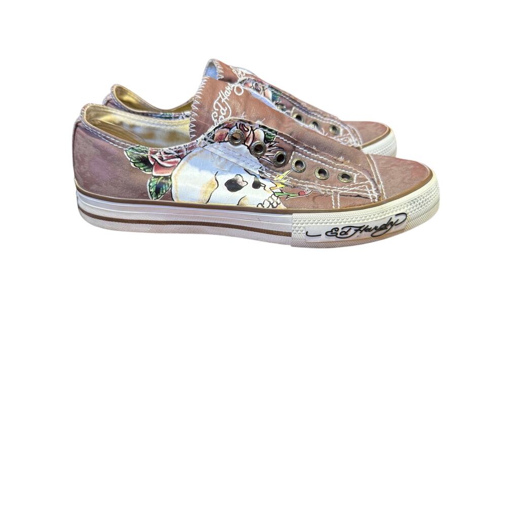 Don Ed Hardy Slip On No Lace Canvas Sneakers Brown Skull Size 6